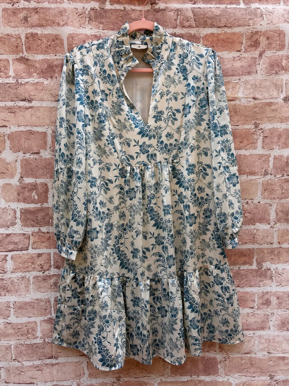 Tuckernuck size L Blue Floral Ruffle Neck satin Tiered mini Dress